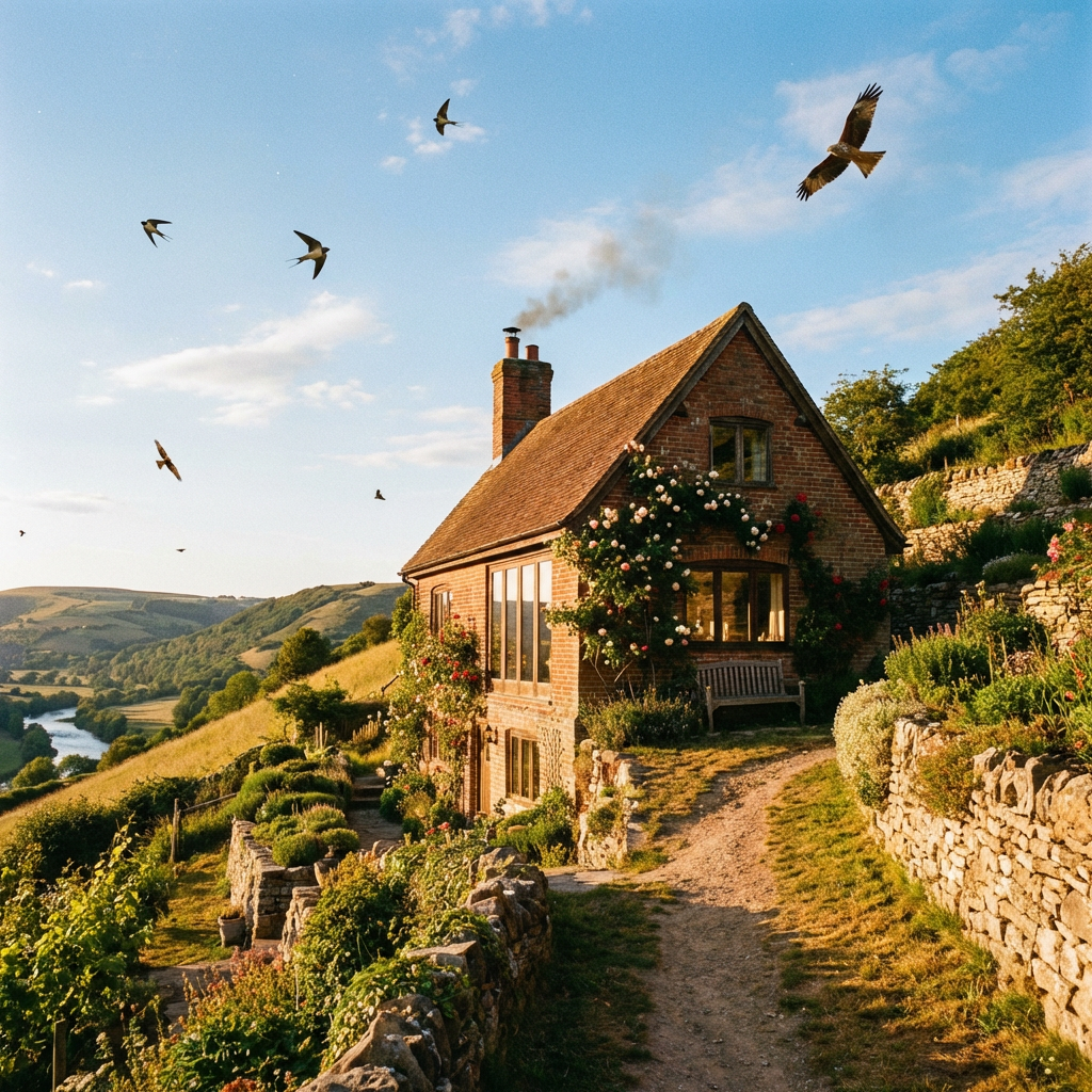 A red brick cottage on a green hillside with birds flying in a blue sky.